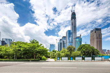 modern city street and skyscrapers
