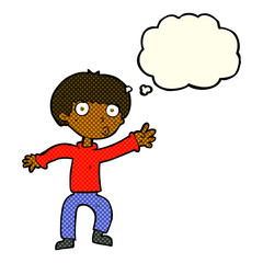 cartoon boy waving warning with thought bubble