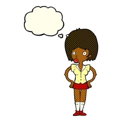 cartoon woman with hands on hips with thought bubble