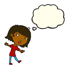 cartoon happy girl gesturing to follow with thought bubble