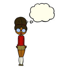 cartoon librarian woman with thought bubble
