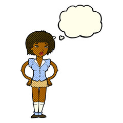 cartoon woman with hands on hips with thought bubble