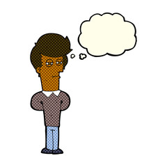 cartoon jaded man with thought bubble