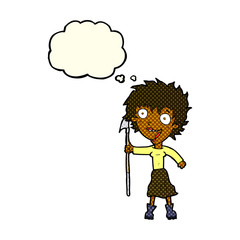 cartoon crazy woman with spear with thought bubble