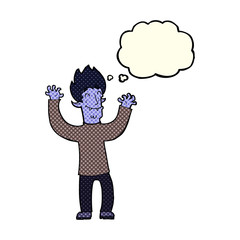 cartoon happy vampire man with thought bubble