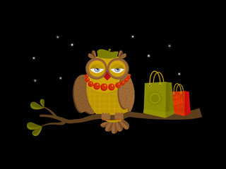 Portrait of fashionable owl on great night sale.