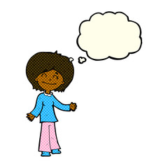 cartoon happy woman with thought bubble