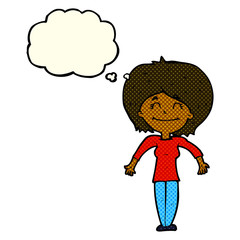 cartoon woman shrugging shoulders with thought bubble