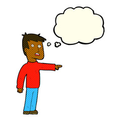 cartoon pointing man with thought bubble