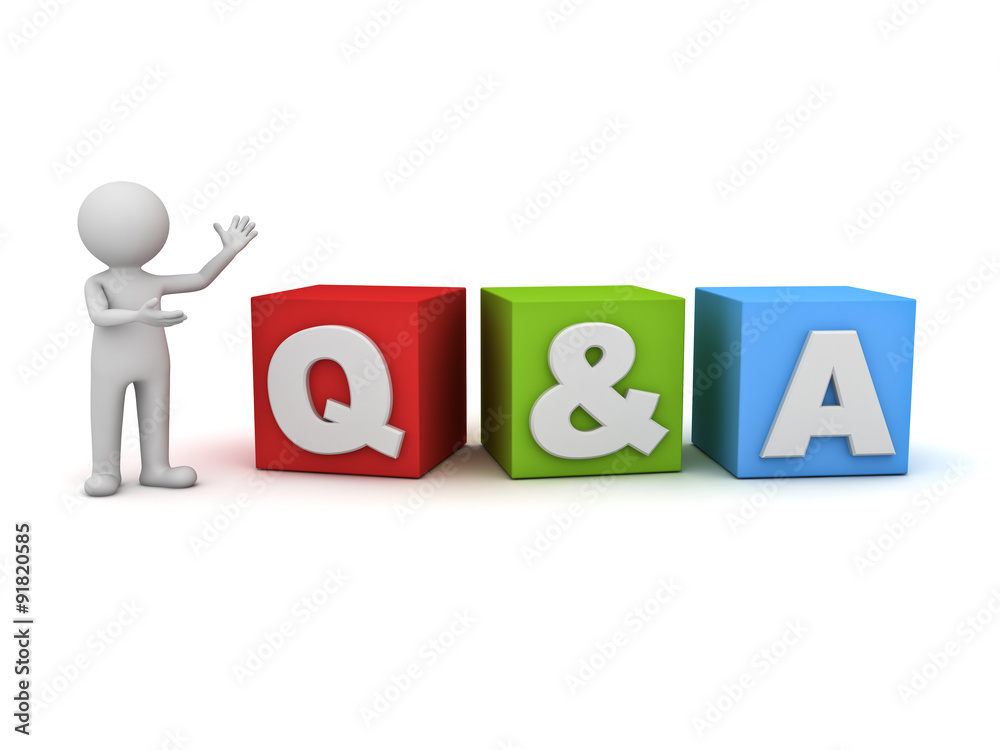 Fototapete 3d man standing and presenting Q and A word questions and answers concept isolated over white background