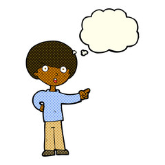 cartoon pointing boy with thought bubble