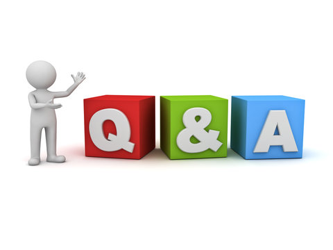 3d man standing and presenting Q and A word questions and answers concept isolated over white background