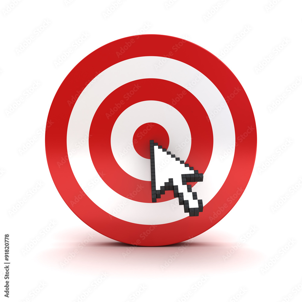 Aufkleber Arrow cursor clicking in the center of the red dart board or target isolated over white background