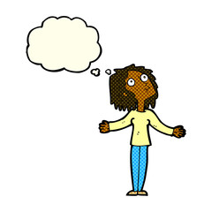 cartoon curious woman looking upwards with thought bubble