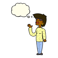 cartoon woman wearing spectacles with thought bubble