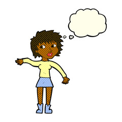 cartoon friendly woman waving with thought bubble