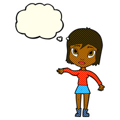 cartoon woman waving hand with thought bubble