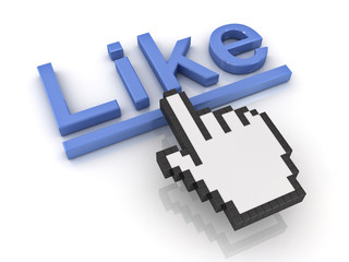 Hand cursor clicking Like button or link isolated on white background with reflection