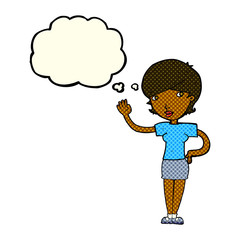 cartoon woman waving with thought bubble