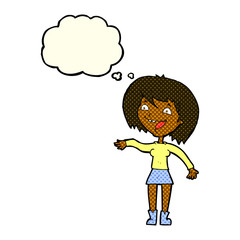 cartoon waving woman with thought bubble
