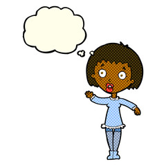 cartoon waving woman with thought bubble