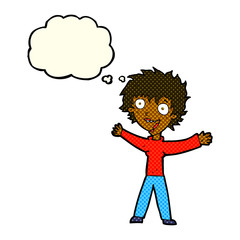 cartoon excited woman with thought bubble