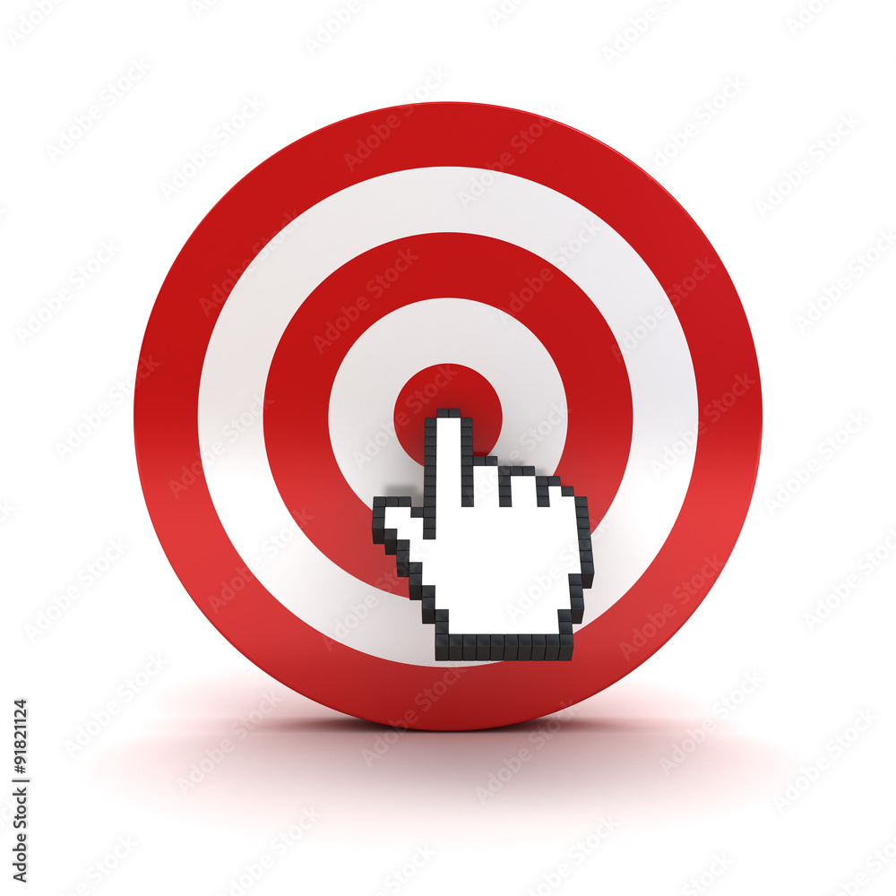 Aufkleber Hand cursor clicking in the center of the red dart board or target isolated over white background