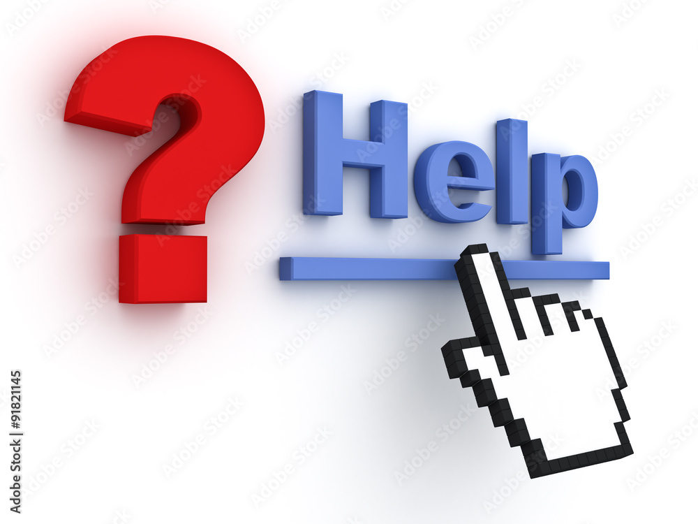 Aufkleber Hand cursor mouse clicking help link with red question mark concept isolated over white background with reflection