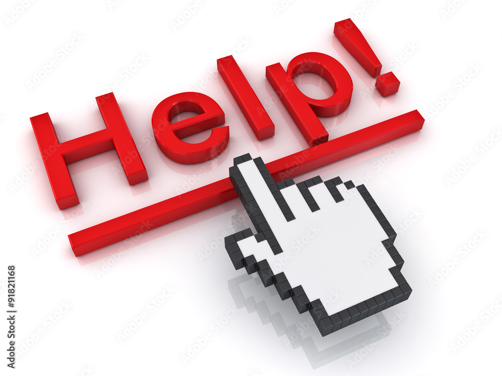 Poster Hand cursor mouse clicking red help link concept isolated over white background with reflection