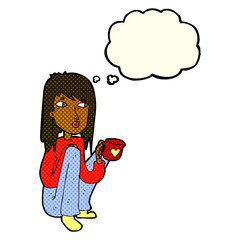 cartoon woman sitting with cup of coffee with thought bubble