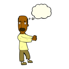 cartoon balding man explaining with thought bubble