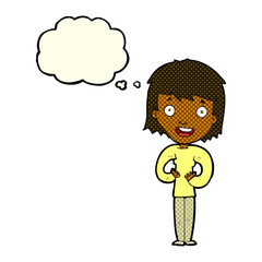 cartoon happy woman with thought bubble