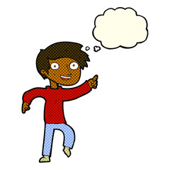 cartoon happy boy pointing with thought bubble