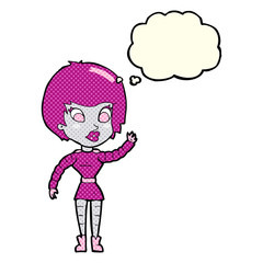 cartoon robot woman waving with thought bubble