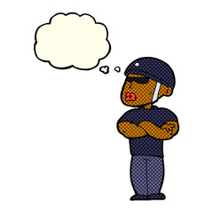 cartoon security guard with thought bubble