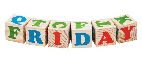 Wooden cubes. Days of the week. Friday word isolated on a white background
