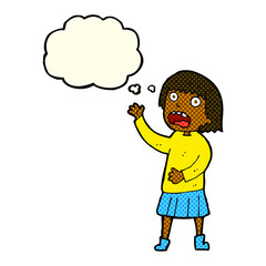 cartoon stressed out woman with thought bubble