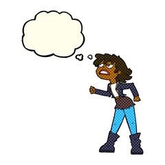 cartoon angry biker girl with thought bubble