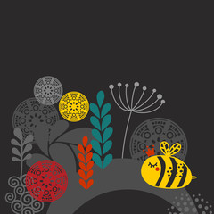 Colorful print with bee and flowers.