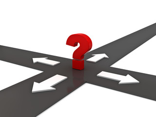 Red question mark on the crossroad with four arrow directions over white background