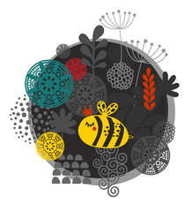 Colorful label with bee and flowers.