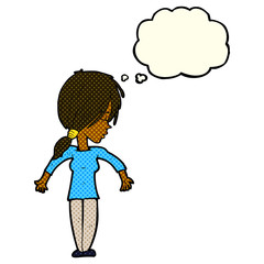 cartoon woman shrugging shoulders with thought bubble