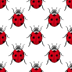Red ladybugs vintage seamless pattern