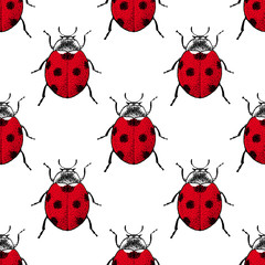 Red ladybugs vintage seamless pattern
