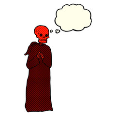 cartoon spooky skeleton in robe with thought bubble