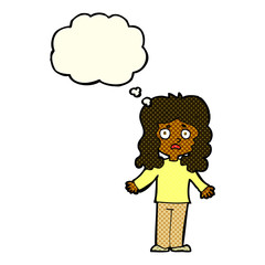 cartoon worried woman with thought bubble