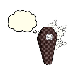 spooky cartoon coffin with thought bubble