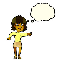 cartoon woman pointing with thought bubble