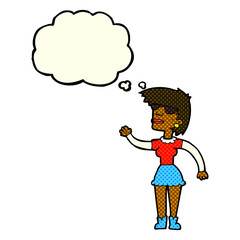 cartoon woman in spectacles waving with thought bubble