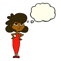 cartoon girl with hands on hips with thought bubble